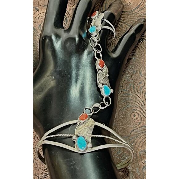 VTG Native American Slave Cuff Bracelet Ring Coral Turquoise on Sterling Silver - Picture 9 of 16